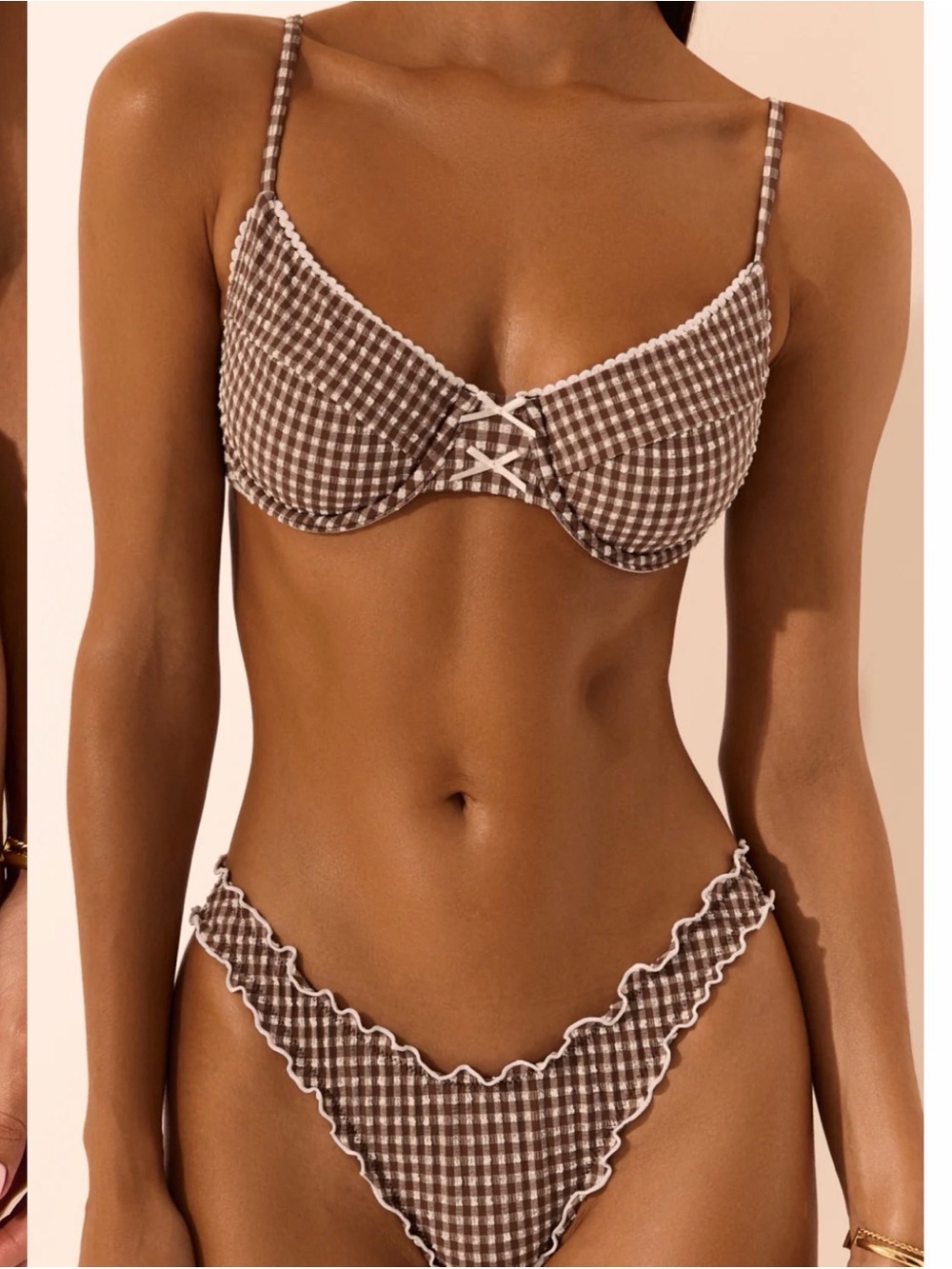 Sanori Swim—-Gingham Brown Ruffle Underwire Bikini Set NWOT!